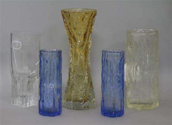 Five bark-effect clear and coloured Art glass vases